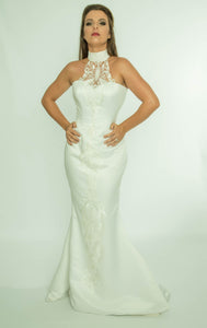 Halterneck Fishtail evening dress, with appliqued front embroidery