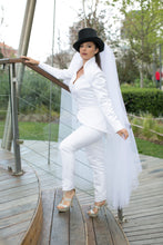 Bridal Jacket and Trouser suit with detachable tulle train
