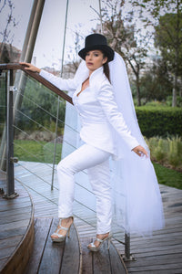 Bridal Jacket and Trouser suit with detachable tulle train